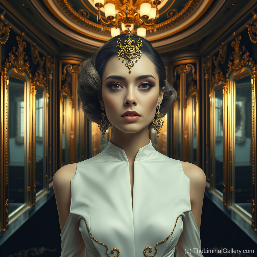 A regal art deco queen reigns in a gilded realm of reflections, exuding majesty, elegance, and timeless sophistication.